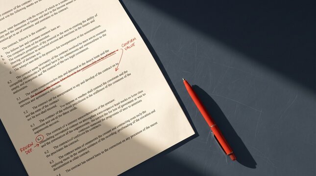 Printed business document with red editing marks and pen on a dark desk, viewed from above in dramatic directional light
