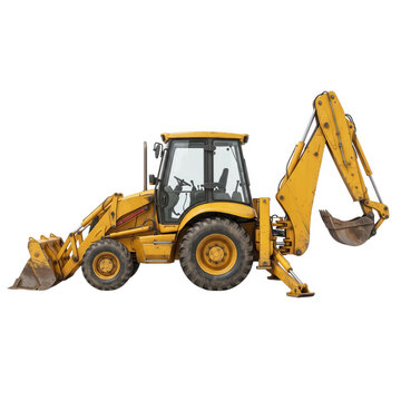 Yellow backhoe loader construction vehicle isolated on transparent background
