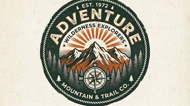 Vintage style adventure wilderness explorers logo badge featuring majestic mountain peaks pine trees a compass and retro sunburst design elements illustration