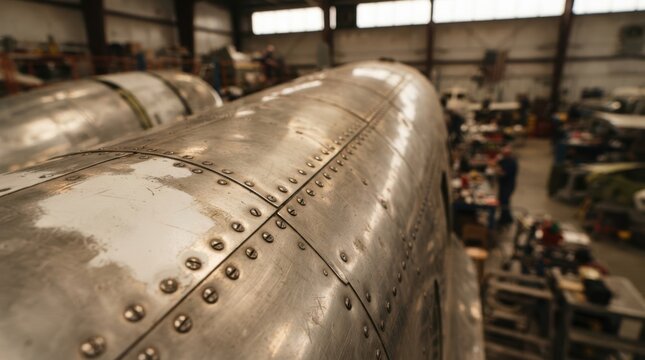Aluminum aircraft fuselage rivets and engine nacelle surfaces in hangar light during airframe restoration and production