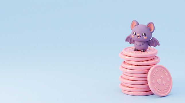 business finance background featuring pastel coins and a cute bat with large blue copy space.