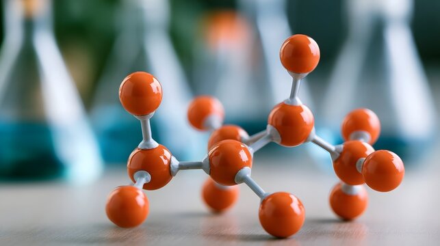 A molecular model with orange spheres and white connectors sits on a surface with blurred laboratory glassware in the background
