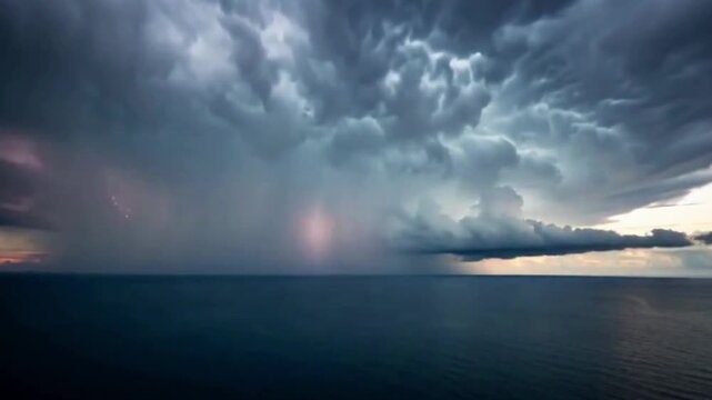dramatic stormy clouds over calm ocean at horizon, dark gray and blue sky with pink light rays and turbulent formations