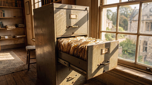 Vintage metal filing cabinet standing near a large window in a sunlit