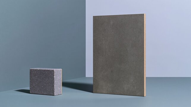 Minimalist grey bookend and block on a smooth surface with a subtle ochre edge, featuring a calm monochromatic mood and copy space for branding