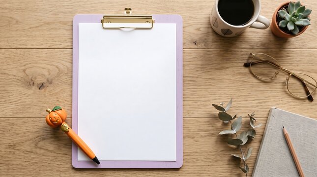 business background featuring a pastel clipboard and a cute pumpkin pen with large white copy space on the paper.