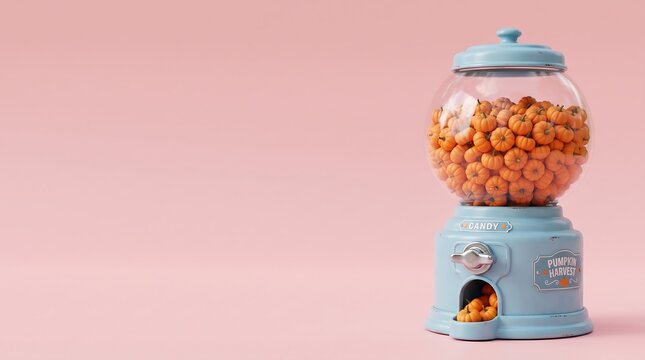 machine background featuring a cute pastel candy dispenser filled with pumpkins and large pink copy space.