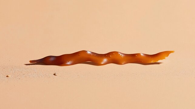 Brown kelp strand reshaped as a rising line chart on wet sandy ground, featuring glossy textures and copy space for coastal science and blue economy