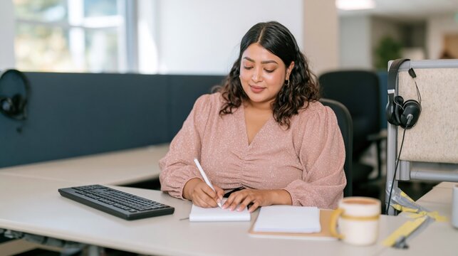 South Asian woman in a wheelchair working at a call center desk, typing and writing on a notepad in a relaxed office setting for inclusive recruitment