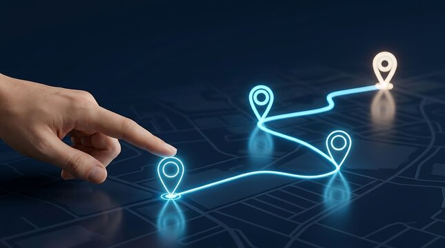 Digital map navigation with glowing location pins, hand touching virtual gps route, futuristic logistics and travel technology concept