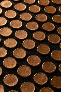 Repeating pattern of unmarked gold coins on dark charcoal felt, featuring a metallic glow and reeded edges for financial packaging design