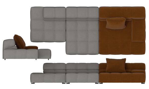 Sofa 2d for floor plan and cross-section view, Orthogonal, top, front and side view furniture transparent background render