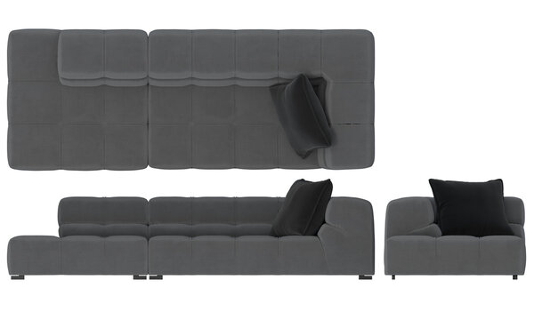 Sofa 2d for floor plan and cross-section view, Orthogonal, top, front and side view furniture transparent background render
