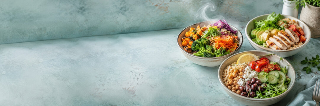 Colorful healthy salad bowls with vegetables, grains, chickpeas, fruit, and dressing arranged on a textured blue surface with ample space for text.