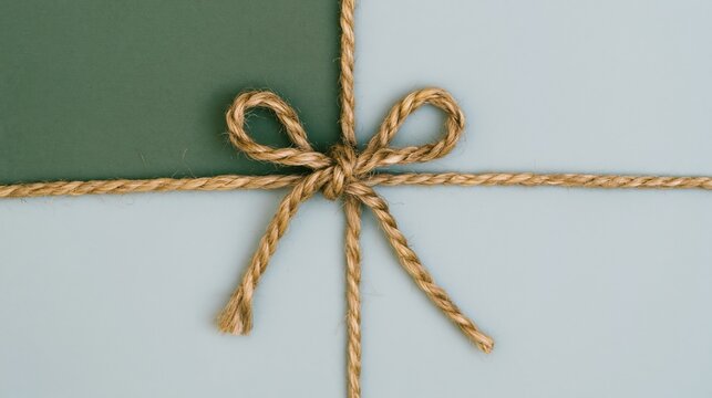 Jute twine bow tied in a knot on a two-tone green and blue surface, featuring a rustic handmade texture for sustainable packaging and gift wrap