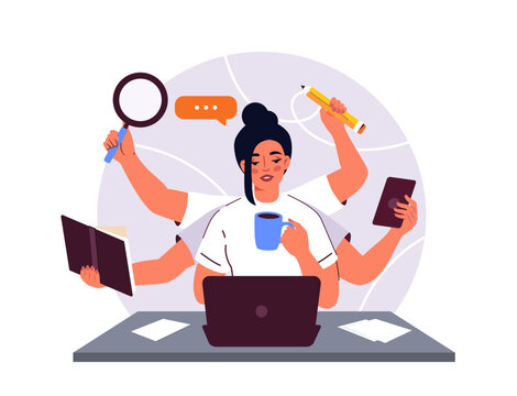 Multitasking Woman Working at Office Desk