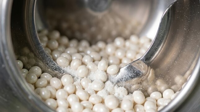 pharmaceutical tablet coating drum with glossy pellets, powder dust, and polished metal baffles in a processing line