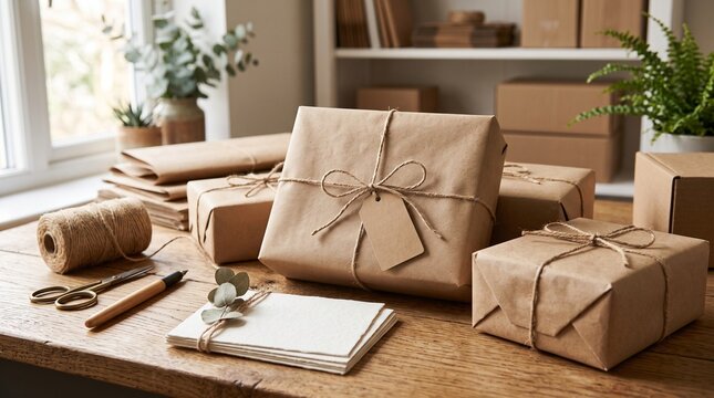 Wrapped packages in brown craft paper with twine string and tags on a wooden table gift boxes packages presents shipping