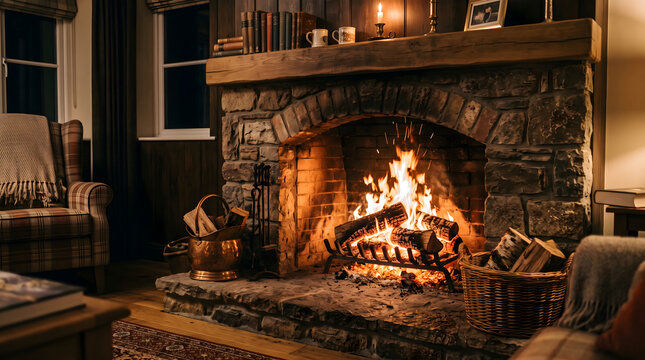 Cozy warm fireplace burning logs in a rustic living room