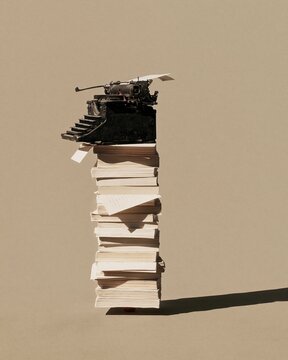 Manual typewriter resting on a precarious stack of aged paper reams with a weathered texture, set against a sand-beige background with copy space for vintage archive campaigns