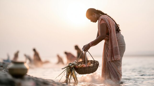 Woman lowering a bamboo basket of fruit into shallow water at dawn, a glowing and devoted scene for regional festival and travel campaigns