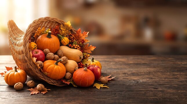 Cornucopia filled with pumpkins, apples, nuts, and autumn leaves on a rustic wooden table, thanksgiving harvest concept