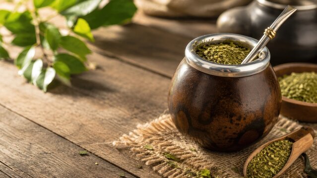 Traditional yerba mate gourd with metal bombilla and loose yerba on a rustic wooden table