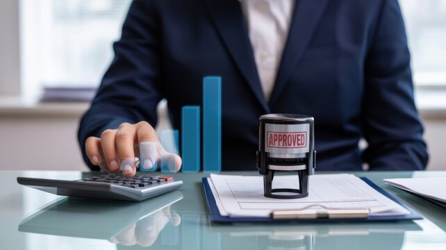 A professional business person using a calculator with a digital growth chart