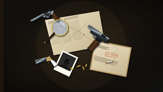 Vintage Detective Desk Concept with Guns and Map
