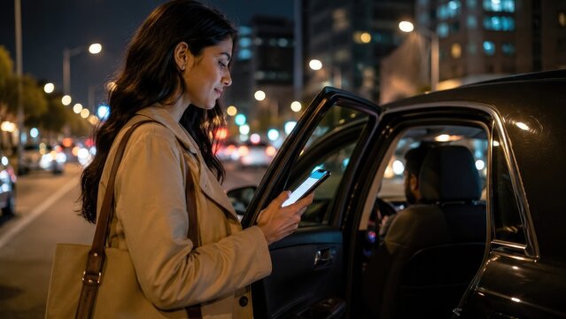 Woman using smartphone while entering a car for a nighttime rideshare on a city street with illuminated traffic and buildings