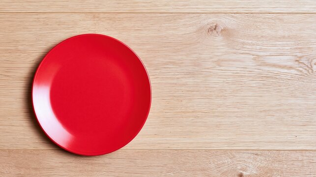 Red ceramic dinner plate on a textured wooden tabletop with a glossy finish and ample copy space for menu layouts and food backgrounds