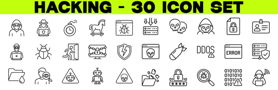 Hacking Line Icon Set - Editable Stroke Vector Illustration of Hacker, Virus, Phishing, Threat, Attack and Cybercrime Protection