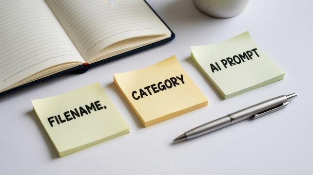 Three yellow sticky notes with text arranged neatly on a white desk