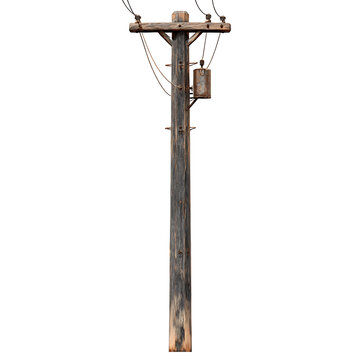 Antique electrical pole set. Vintage wooden utility post with rusty metal transformer. Isolated power line pole with overhead wires and insulators. Aged infrastructure elements on white