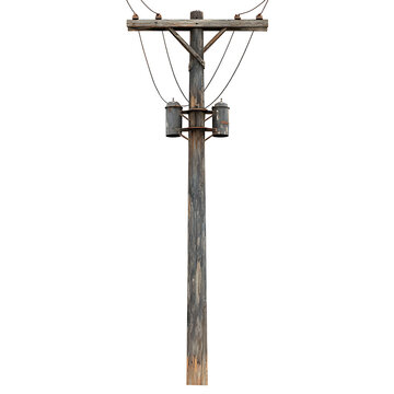 Telegraph pole with iron transformer and overhead cables. Old wooden post for power supply. Vintage utility infrastructure with electric wires. Industrial energy supply equipment.
