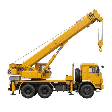 Yellow telescopic boom crane truck for heavy construction isolated on transparent background