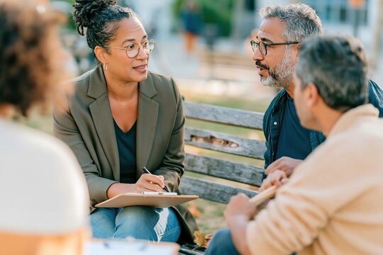 Black woman therapist with locs and a clipboard listening to clients on a weathered wooden park bench for mental health and outdoor therapy content