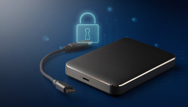External portable drive with cable and glowing lock icon representing encrypted data storage