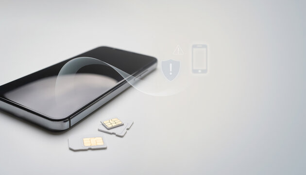 SIMカードとスマートフォン、警告とシールドアイコンで表現したモバイルセキュリティリスク