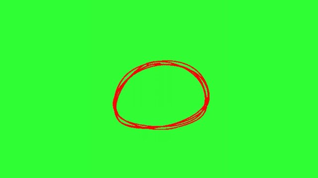 Hand-drawn red circular scribble animation appearing as a rough marker-style circle on a bright green screen, designed for chroma key editing, highlighting objects, callouts, presentations, tutorials,