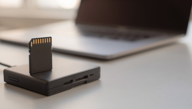 Memory card inserted in compact reader with laptop background for portable data transfer and backup