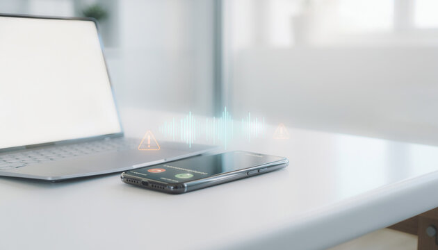 ノートパソコン横のスマートフォンに着信表示、音声波形と警告アイコンが浮かぶ迷惑電話対策イメージ