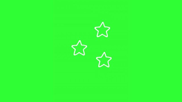 Animated three white outlined stars gently twinkling on a bright green screen, ideal for chroma key compositing, motion graphics, celebration overlays, rating visuals, magical effects, and creative vi