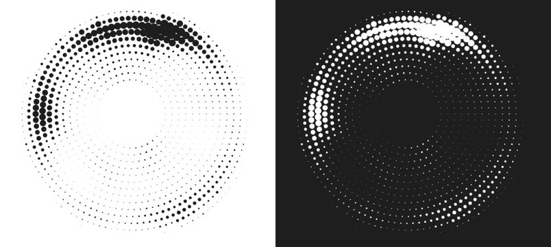 Monochrome halftone circles with fading dot gradients. Abstract pop art background design.