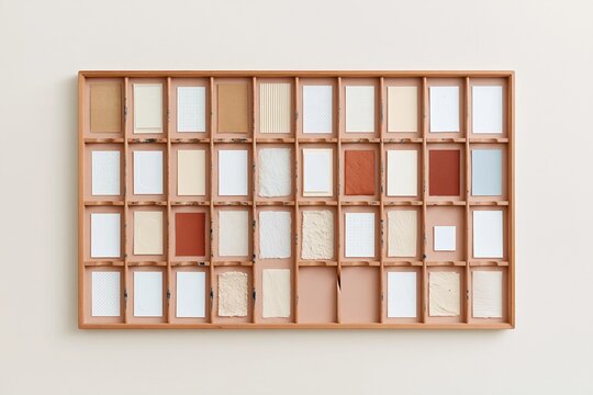Wooden printers type case with blank paper samples of various textures, a methodical and tactile layout for print studio and paper mill campaigns with copy space