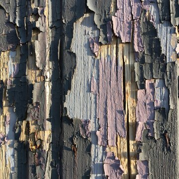 Weathered timber cladding with flaking chalky paint in charcoal and lavender, featuring a distressed tactile surface for design backgrounds