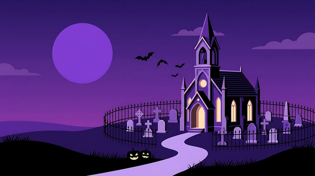 Spooky pixel art illustration of a haunted church in a graveyard at night