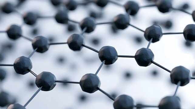 Close up view of a two dimensional material structure with hexagonal lattice pattern and dark spherical nodes connected by thin rods