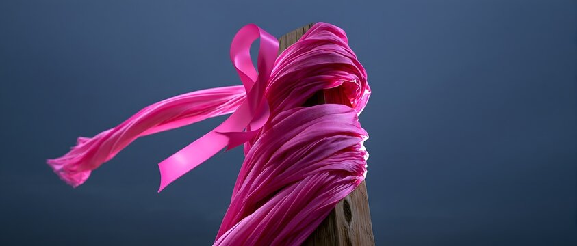 Close-up of vibrant pink fabric wrapped around weathered wood