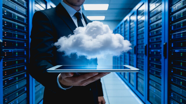 Businessman presenting cloud computing on tablet in data center